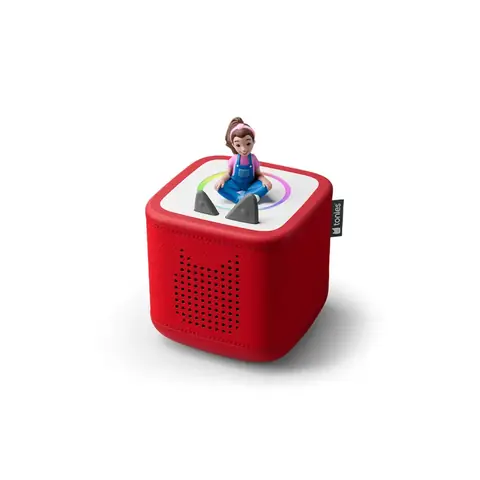 红色软包方形 Toniebox，顶部放置音频角色公仔